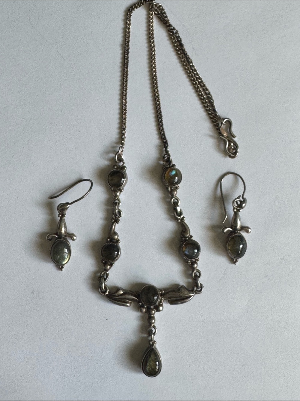 Vintage Stamped 925 Labradorite Jewelry Set Festoon Drop Necklace Dangle Earring